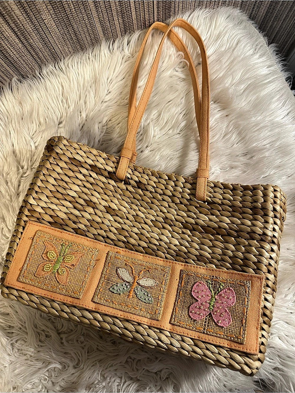 Woven Straw Tote Bag Embroidered Butterfly Boho Cottagecore Purse